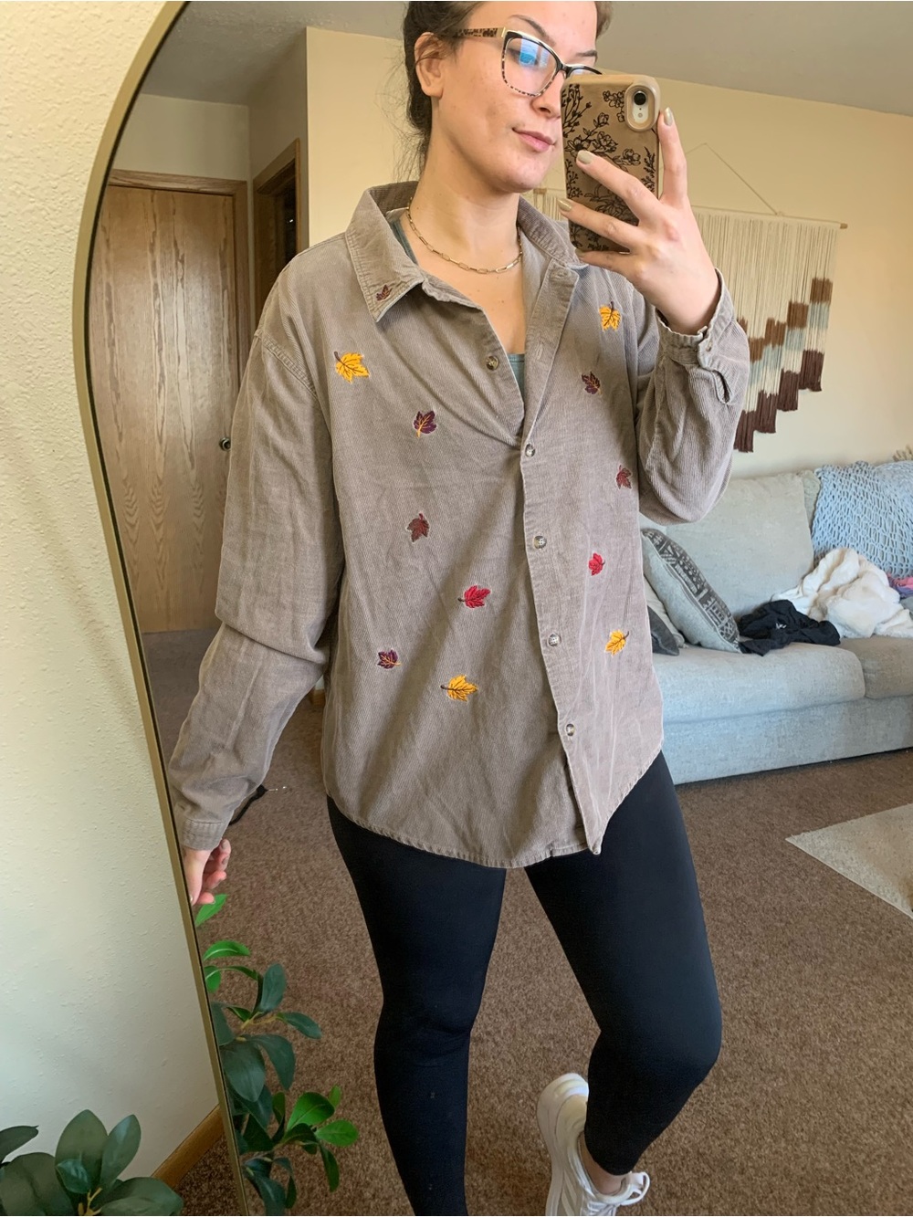 Bobbie Brooks Taupe Button-Down Shirt with Autumn Leaf Embroidery